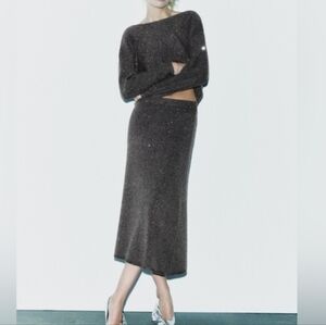 Zara Set sequin knit sweater v-back + A-line Midi Skirt taupe/brown  sz L NWT